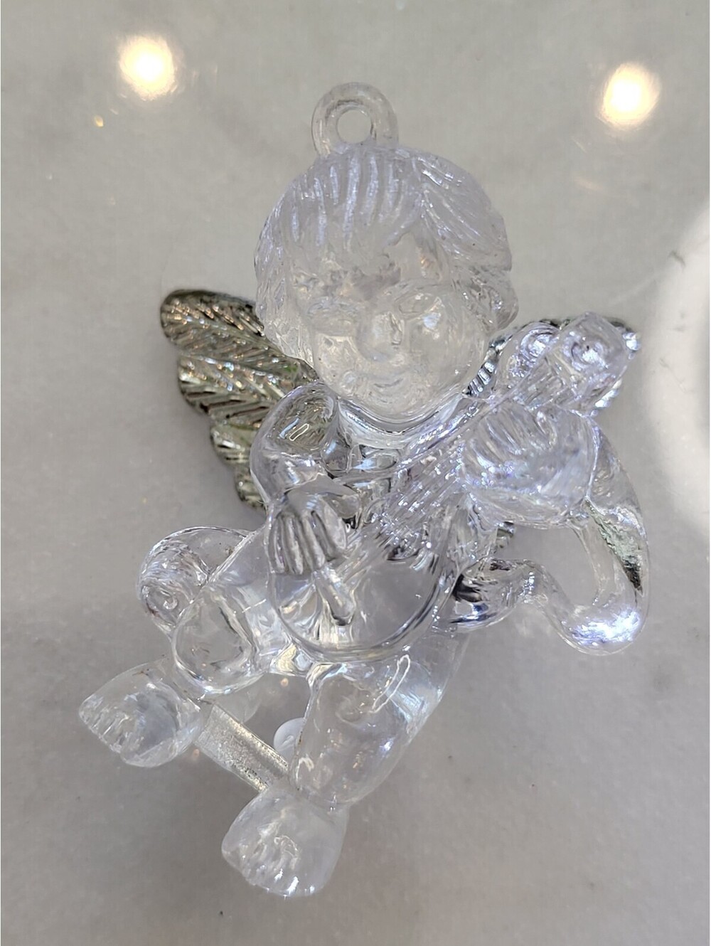 Vtg Acrylic Clear Angel Silver Wings Playing Guitar Christmas Ornament 2.5" A85